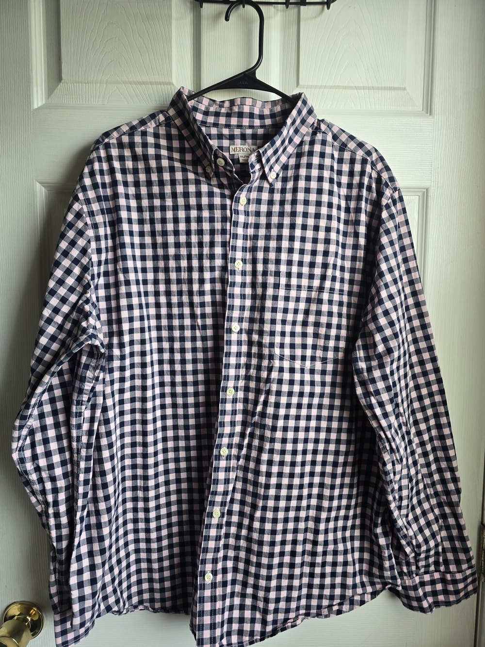 Merona Men's XL Navy Pink Check Cotton Button-Up Shirt Pockets Long Sleeve XL/TG